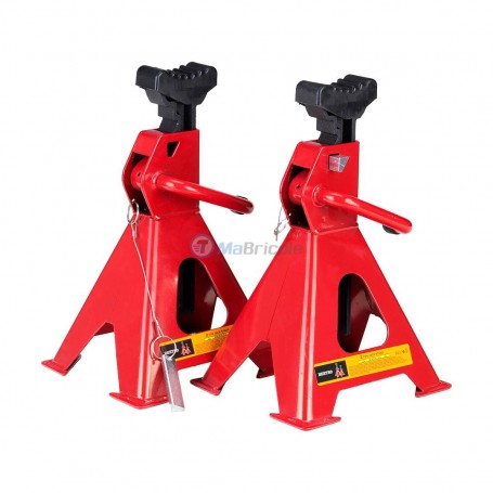 Deux chandelles rouges en métal avec leviers et dispositifs de sécurité pour levage, posées sur fond blanc.
