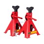 Deux chandelles rouges en métal avec leviers et dispositifs de sécurité pour levage, posées sur fond blanc.