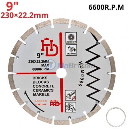 MaBricole | HD PRO | Pour meuleuse | Disque diamant 230x22.2mm, coupe brique, blocs, béton, céramique et marbre HD PRO | HDM0069