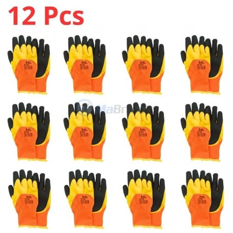 Douze paires de gants de protection orange et noir en polyester et latex.