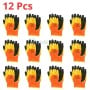 Douze paires de gants de protection orange et noir en polyester et latex.