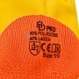 Détail d'un gant de protection orange et jaune avec marquages indiquant composition et taille 10