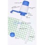 رسم توضيحي لمضخة مياه يدوية بأجزاء مختلفة ملونة بالأزرق والأبيض