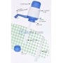 Pompe à eau manuelle bleue et blanche avec tuyau détachable, illustrée avec ses différentes parties étiquetées.
