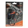 Pistolet à colle chaude gris avec bouton rouge, emballé sur fond noir et orange, marqué VEIBER 8096