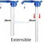 Pompe à eau manuelle bleue avec tuyau extensible, longueur 26 cm à 35 cm.