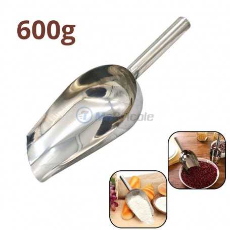 Pelle en inox polie miroir avec poignée, montrée avec des exemples d'utilisation pour produits secs et épices.