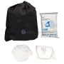 Sac de rangement noir avec un masque de protection intégral transparent, un filtre et une cartouche de rechange emballée.