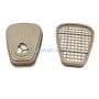 Deux filtres anti-gaz et anti-vapeur beige pour masque de protection respiratoire, vus de face et de dos.