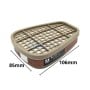 Filtre anti-gaz et anti-vapeur beige de forme triangulaire avec grille et dimensions indiquées.