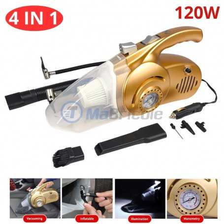 Aspirateur compresseur auto 12V 120W doré avec manomètre, lampe intégrée et accessoires divers