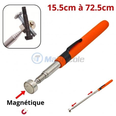 Outil de ramassage magnétique extensible avec poignée orange, longueur réglable de 15,5 à 72,5 cm.