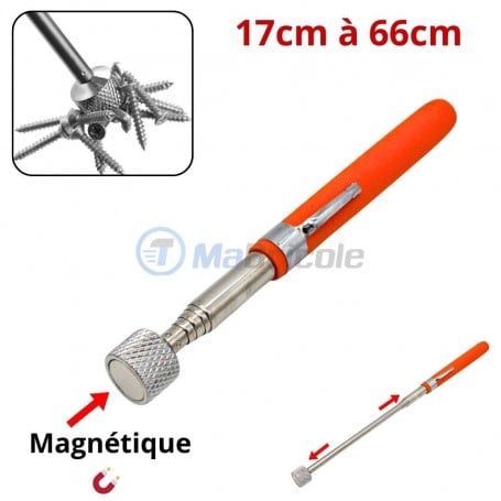 Outil magnétique extensible avec manche orange pour ramasser des objets métalliques.