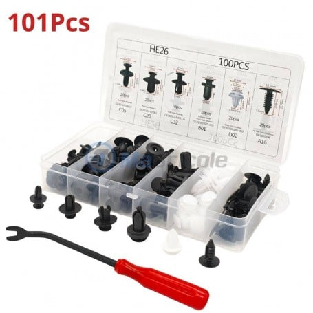 Boîte transparente contenant 100 clips de fixation plastique de six types, avec un outil de retrait à manche rouge.