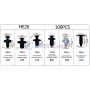 Schéma des dimensions et quantités de 6 types de clips de fixation en plastique pour voiture dans une caisse de 100 pièces.