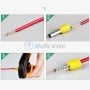 Étapes montrant un fil électrique rouge avec cosse jaune, outil de sertissage utilisé pour fixer la cosse au fil.
