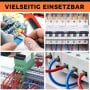 Quatre photos montrant l'utilisation de cosses à sertir multicolores dans des installations électriques variées.