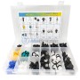 Boîte plastique compartimentée contenant 150 clips de différentes couleurs et formes pour fixation automobile.