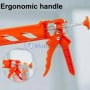 Pistolet silicone orange avec poignée ergonomique et cadre squelette en plastique.
