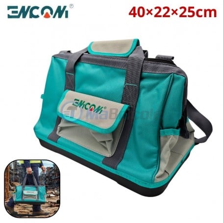 Sac à outils ENCOM bleu et gris avec plusieurs poches, dimensions 40x22x25 cm