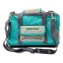 Sac à outils turquoise et gris avec une poche avant et une bandoulière réglable.
