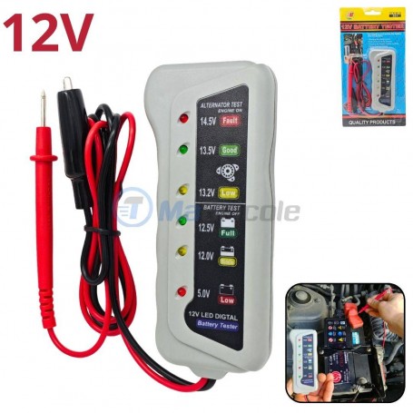 Testeur de batterie 12V portable avec câbles rouge et noir, écran LED coloré indiquant différents niveaux de charge.