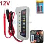 Testeur de batterie 12V portable avec câbles rouge et noir, écran LED coloré indiquant différents niveaux de charge.