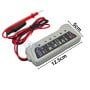 Testeur portable de batterie 12V avec câble de test rouge et noir, affichage LED et dimensions indiquées.