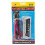 Testeur de batterie 12V avec câbles rouges et noirs, affichage LED coloré, emballage plastique sur fond bleu