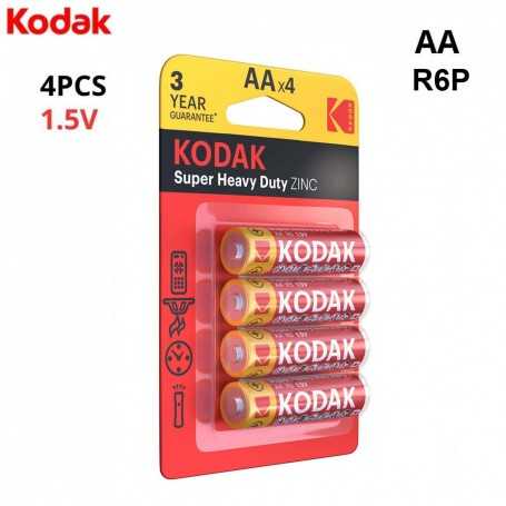 Paquet de 4 piles AA 1,5V Kodak Super Heavy Duty au zinc sur fond rouge et jaune.