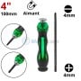 Tournevis réversible 4 pouces 100 mm avec embouts plat et Philips 4 mm, poignée noire et verte avec aimant