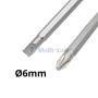 Détail des embouts plat et cruciforme de 6 mm d'un tournevis long réversible