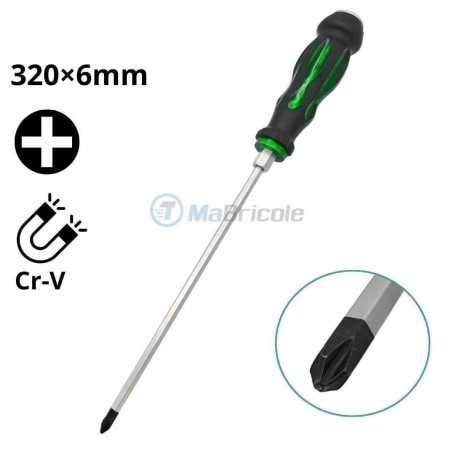 Tournevis cruciforme magnétique avec manche ergonomique noir et vert et lame longueur 320 mm