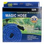 Emballage bleu d'un tuyau d'arrosage extensible Magic Hose de 50 pieds avec image du tuyau bleu enroulé