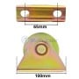 Poulie métallique jaune forme V avec support, dimensions indiquées 65 mm de largeur et 100 mm de base.