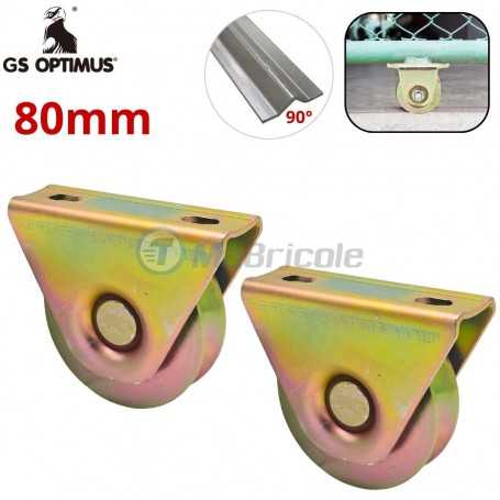 Jeu de deux poulies métalliques jaunes 80 mm forme en V, avec illustration de la fixation en angle droit.