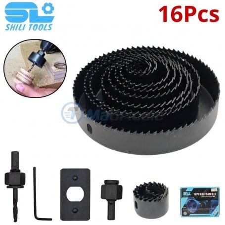 Jeu de 16 scies à cloche noires pour bois, accessoires de montage et boîte de rangement.