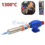 Pistolet à flamme bleu avec bec métallique allumé, présentant une flamme bleue, photo d'utilisation et emballage visible.