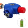 Pistolet à flamme bleu avec molette rouge, raccordé à une bouteille de gaz butane verte.