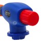 Gros plan sur la tête bleue et le bouton rouge d'un pistolet à flamme à gaz butane réglable.