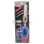 Pistolet à flamme avec corps bleu et réglage orange, dans un emballage plastique transparent