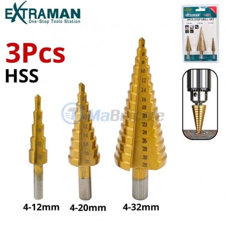 MaBricole | EXTRAMAN | Pour perceuse et visseuse | Jeu de 3 forets conique 4-32mm en acier à haute vitesse HSS EXTRAMAN | HD2521-60
