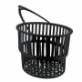 Panier noir en plastique à fond et parois ajourés avec une poignée.