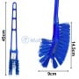 Brosse de toilette bleue double face avec long manche en plastique, dimensions visibles.