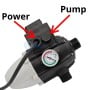 Interrupteur automatique noir et blanc pour pompe avec manomètre et deux flèches rouges indiquant Power et Pump