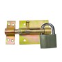 Verrou porte cadenas métallique jaune avec cadenas noir, longueur 80 mm