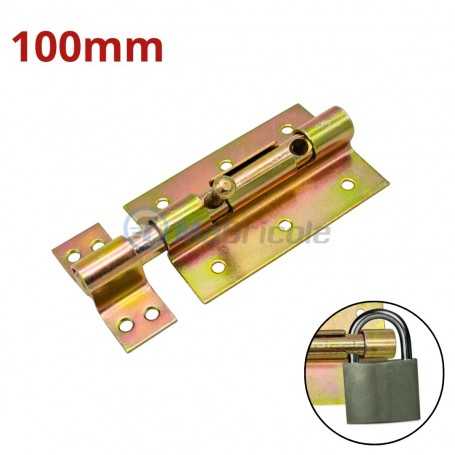 Verrou métallique jaune 100 mm avec trou pour cadenas sur fond blanc