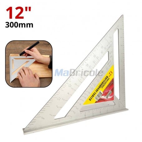 Équerre en aluminium de 30 cm avec graduation, utilisée pour tracer des angles sur bois