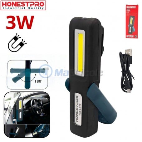 Torche LED rechargeable USB 3W, lampe de travail sans fil 2 modes avec aimant HONEST PRO | YAE4013