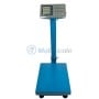 Balance électronique commerciale bleue avec plateau rectangulaire et écran numérique sur colonne